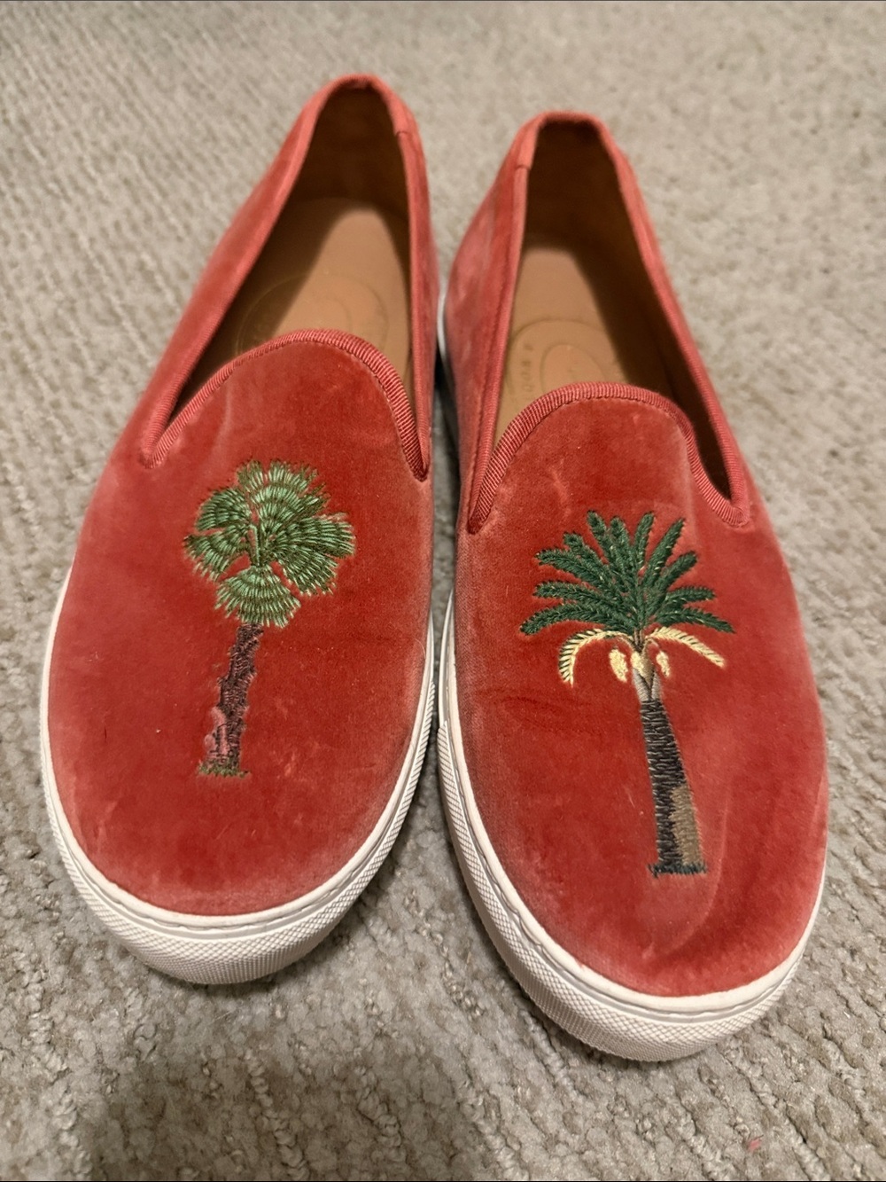 Stubbs & Wooten Coral Velvet Slip-On Sneakers with Palm Embroidery, Sz 8